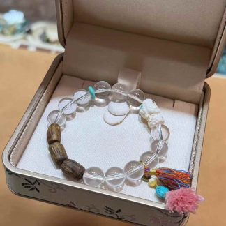 Clear Quartz & Wood Charm Bracelet with Tassel